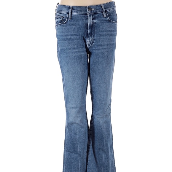 MOTHER Denim Flare Jeans Size 30 Blue Mid Rise Stretch Bootcut Distressed Hem - Picture 1 of 5